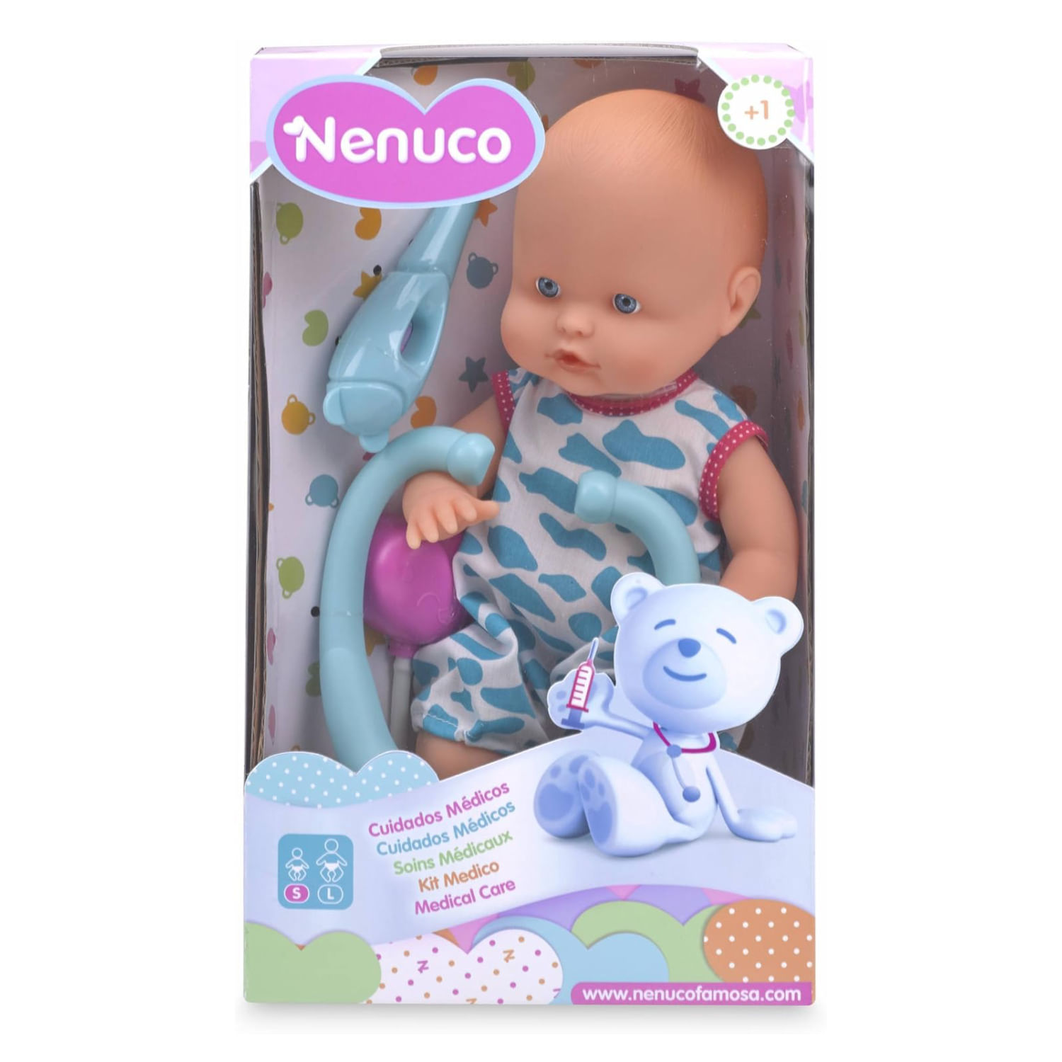 Nenuco Care Azul Muñeco Bebé con Accesorios Médicos y de Alimentación 35 cm