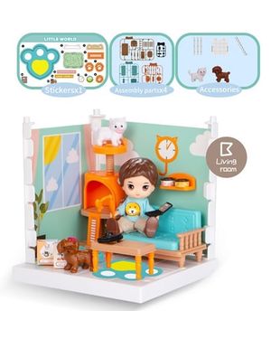 Casa de Muñecas con Sala 2 Mascotas Muñeco y Accesorios